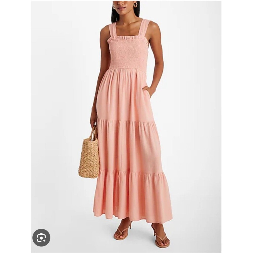Express Peach Linen Square Neck Smocked Tiered Maxi Dress Size L